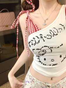 Retro American Hot Girl Halter Top Women Summer Hellokitty Print Pad Color Block Slim Fit Trendy Vest U-Neckline Polyester Fiber
