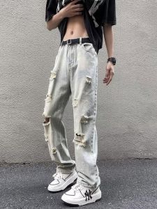 Trendy American High Street Mens Ripped Jeans Summer Thin Straight Casual Pants Loose Fit Blue Denim Casual Wear