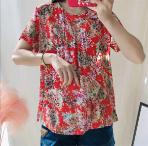 2023 ฤดูร้อน PLUS ขนาดเสื้อผ้าผู้หญิงหลวมผ้าฝ้ายชุดนอนแขนสั้น Crewneck เสื้อยืดผู้หญิงพิมพ์ลายดอกไม้เสื้อผ้าทํางาน