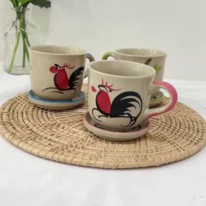 แก้วกาแฟ แก้วกาแฟเซรามิค ชุดกาแฟเซรามิค ขนาด 6ออนซ์ แก้วกาแฟลายไก่ เซรามิคลำปางแก้วกาแฟพร้อมจานรอง เซรามิคอย่างดี ทนทาน