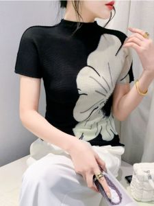 Thời Trang Sành Điệu Lưới Áo Sơ Mi Đế Tay Ngắn In Hình Bán Cao Cổ Áo Thon Gọn Áo Thun Nữ Phong Cách Châu Âu Quần Lót Áo