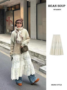 สูง เอว ทรงเอ ยาว กระโปรง ผู้หญิง ลูกไม้ การประกบ กระโปรงยาวปานกลาง สีซุปถั่ว หลากหลาย ดีไซน์ Sensation ฤดูใบไม้ร่วง Season Pure Color