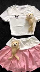 LS_ Set mặc hè set cá tính áo Borip tay ngắn croptop phối chân váy Thun xếp ly 2 gấu dáng mini