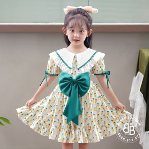 (Bon Bo Kids) Váy bé gái Họa Tiết Quả Dứa đầm bé gái đính nơ kết hợp ren cổ xinh xắn cho bé từ 12-35kg.