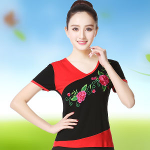 New Square Dance Outfit Summer Practice Costume Embroidered Short Sleeve Top for Women Fitness Yoga Sports Dancewear