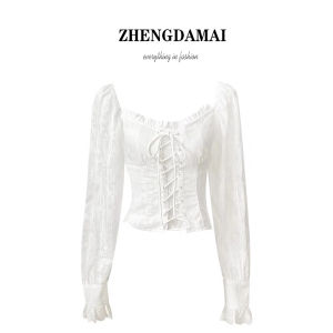 เสื้อเชิ้ตผู้หญิงแขนยาวปักลายผีเสื้อสีขาว ทรงเข้ารูป คอวี ปกโปโล ผ้าฝ้าย 100% ป้องกันรังสียูวี ฤดูใบไม้ร่วง 2024