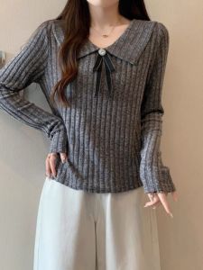 เสื้อถักแขนยาวสไตล์ฝรั่งเศส เสื้อคลุมแบบสวมหัว ทรงหลวม ปกเสื้อแบบพับได้ ปกโปโล สำหรับผู้หญิงในฤดูใบไม้ร่วง