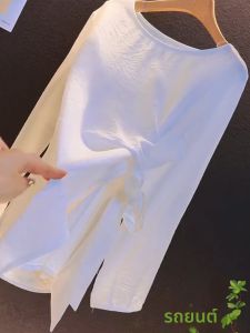 UYFY | เสื้อยืดคอกลมแขนยาวผูกโบว์สีขาวสำหรับผู้หญิง แฟชั่นลำลองฤดูใบไม้ร่วง ไซส์ใหญ่ เสื้อผ้าทำงานสไตล์ยุโรปและอเมริกัน