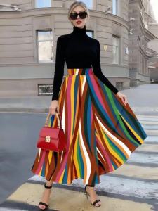 Printed Design Four season colorful vertical stripe pattern printed vacation style half skirt