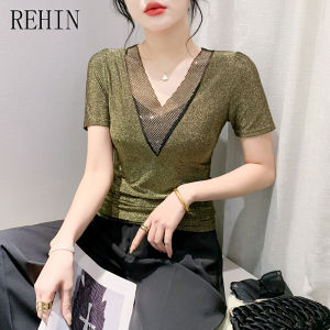 REHIN Summer new fashion V-neck hot drill splicing short-sleeved T-shirt Slim bottoming shirt trendy blouse for women