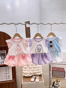 ใหม่สาววัยกลางคนเด็กการ์ตูนแฟชั่นเรียบง่ายเสื้อยืดกางเกงขาสั้นสองชิ้นสำหรับฤดูร้อน