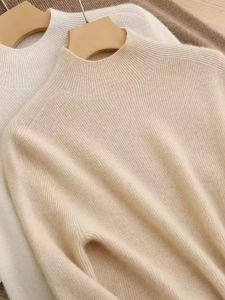 100% Pure Wool Knitted Half High Collar Womens Base Shirt Autumn Winter Sweater Slim Fit Medium Collar Top Commute Style