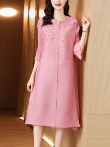 High-End Pleated Dress Spring Summer Autumn Ladylike Loose Shirt Cardigan Bead Jacket A-Line Midi Dress Button Detail Print