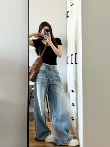 Washed Vintage Wide Leg Jeans Womens Loose Fit Slimming Pants High Waist Long Trousers Blue Denim Casual Street Style