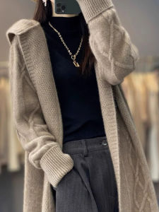 Lamb Cashmere Knitted Long Coat Womens Brand Fashion Mid-Length Open-Shirt Style with Hat Woolen Outerwear for Autumn