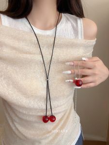 Red Cherry Pendant Necklace Womens Long Sweater Chain Drawer Pullout Simple High-End Feeling Quality Versatile Neck Chain