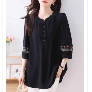 WANGGONGZHU | Summer Plus Size Womens Short Sleeve Embroidered Loose Slimming Chiffon Shirt Princess Style Commute Vintage Floral Collar