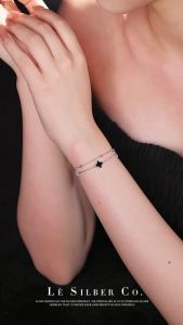 Le Silber Co. S925 Sterling Silver - Days & Nights Lucky Clover Duo Layered Bracelet Gelang / Rantai Tangan Perak