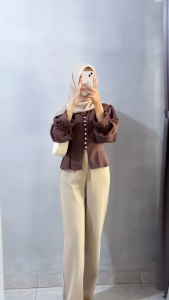 Melodyoutfit - 3in1 One Set Outfit Cewek Setelan Brown Girl (Hijab Blouse Celana) Outfit Remaja Kekinian Set AA399