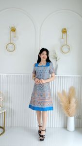 DeProud เดรสทรงเอผ้าไทย เดอพราวด์รุ่น Classic สีฟ้า เดรสผ้าทอลาย (DP-CL01)