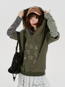 Giryhalo | Áo Hoodie Nữ Dáng Rộng Họa Tiết Sọc Giả Hai Lớp Phong Cách Retro Mỹ