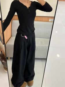 High Waist Wide Leg Jeans Womens Loose Fit Casual Straight Cut Long Folded Spring Autumn Deep Blue Anti-Wrinkle Non-Stretch