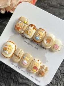 Adorable Daily Wear Short Nail Art Butter Bear Design Handmade Nail Tips Bright Color Series Easy to Wear for Any Skin Type