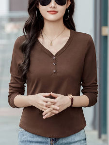 V Neck Long Sleeves T-Shirt Female Pure Cotton Fall and Winter Inner Wear Chicken Collar Buttoned Bottoming Shirt Outwear Loose Short Western Style Tops