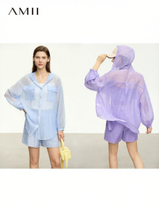 AMII | Summer Casual Hooded Sheer Wrinkle Textured Shirt Shorts Set