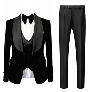 Mens 3 Pieces Suit Black Velvet Jacket Vest & Black Pants Shawl Lapel Wedding Prom Dinner Banquet Groom Tuxedos
