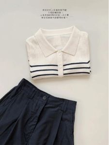 เสื้อสเวตเตอร์ถักคอโปโลลายทางผ้าขนสัตว์ปลอมสำหรับผู้หญิง แขนยาว ทรงสลิมฟิต เสื้อคาร์ดิแกน ทรงหลวม ทรงปกติ ฤดูใบไม้ร่วง 2024