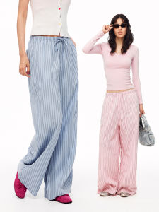 Relaxed Drawstring Elastic Waist Stripe Wide Leg Pants