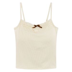 Sweet Style Womens Lace Crop Top Tank Vest Inner Wear Short Sleeve Spring Season Thread Cotton Solid Color Butterfly Knot