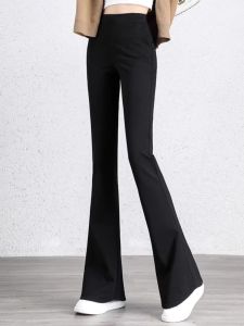 Black Elastic Waist Wide Leg Pants Womens Summer Thin Elastic Casual Straight Leg Long Trousers Commute Style High Waist