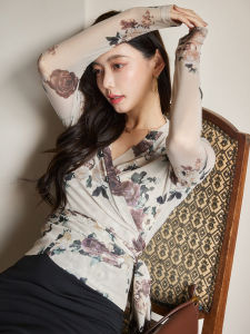 Elegant Double Layer Wrap Mesh Top Vintage French Style Long Sleeve Womens T-Shirt Floral Print V-Neck Tie Waist Slim Fit