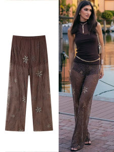 HH Women Fashion Translucent Sequin Pants Vintage Brown Elastic Waist Straight Trousers Spring Summer Holiday Party Pant