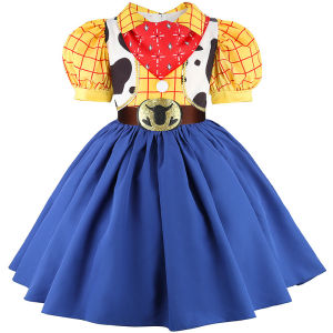 Kids Jessie Cowgirl Cosplay Dress Full Set Girls Western Plaid Puff Sleeve Costume Halloween Birthday Party Fancy Outfit