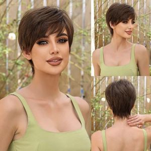 Short Pixie Cut Brown Synthetic Wigs with Bangs Natural Straigth Hair Wigs for Women Daily Cosplay Wig Heat Resistant Fiber