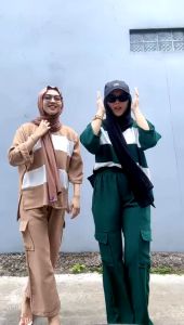 Cuci Gudang!! Setelan Salur Celana Wanita Cargo Jumbo LD.110.120.130CM XL.XXL.XXXL // Set Crinkle Airflow // One Set Cargo