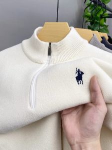 High quality half zip collar sweater mens fashion designer brand horse riding embroidery winter with plush warm knit pullover