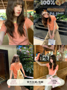Contrast Color Round Neck Thin Stripe T-shirt Cotton