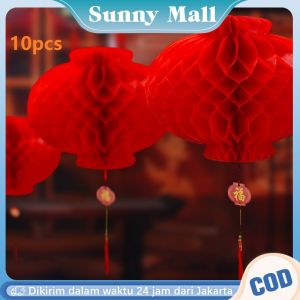 10pcs Lampion Bulat Honeycomb Merah Lentera Kertas Warna Merah Imlek Paper Lantern Untuk Tahun Baru Cina