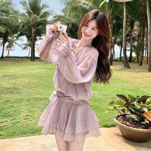 Romantic Purple Korean Style Fake Two-Piece Dress Womens Summer New Light Maturity Beautiful First Love Dress A-Line Skirt