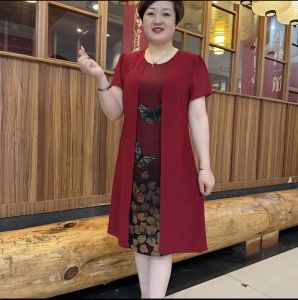 Chiffon Commuting Dress for Middle-aged Mothers Short Sleeve High Waist Long Skirt Pullover Summer Style