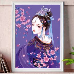 Tranh đính đá tự làm - Tranh đính đá thiếu nữ bên hoa Cô gái hoa đào đính full – tự đính