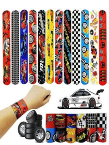 12Pcs Race Car Slap Bracelets Gift for Guest Happy Kids Boys Wheels Racing Car Theme Birthday Party Decoration Checkered