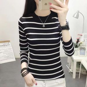 เสื้อสเวตเตอร์คอตั้งลายทางแขนยาวทรงสลิมฟิตสำหรับผู้หญิงในฤดูใบไม้ร่วงปี 2024 เสื้อสเวตเตอร์คอตั้งสไตล์เกาหลีแฟชั่น