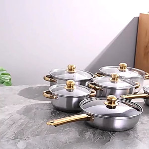 Shopimi - 12-Piece Golden Stainless Steel Cookware Set – Non-Stick Casseroles & Kitchen Pans Induction Infrared Gas Stove Electric Stove