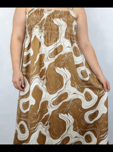 Plus Size Women Camel Brown White Marble Swirl Print Square Neck Ruched Bust Cami Midi Dress | Sleeveless Casual Summer Dress