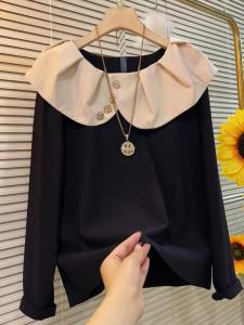 Elegant Black Long Sleeve Pleated Collar Womens Top Spring 2025 Fashion High Quality Inner Wear Suitable for All Body Types